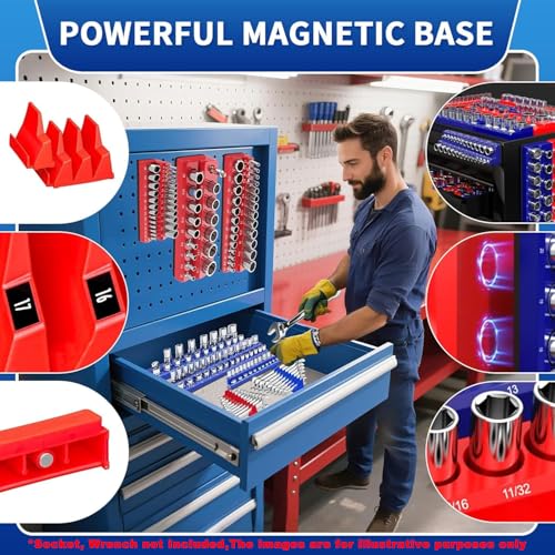 Magnetic Socket Organizer Set, 8PCS Socket Holder with 6 Socket Trays & 2 Wrench Racks, Metric & SAE Tool Box Organizer 1/4", 3/8", 1/2" for Garage, Toolbox, Workbench(Socket, Wrench not Included)