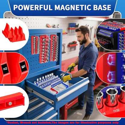 Magnetic Socket Organizer Set, 8PCS Socket Holder with 6 Socket Trays & 2 Wrench Racks, Metric & SAE Tool Box Organizer 1/4", 3/8", 1/2" for Garage, Toolbox, Workbench(Socket, Wrench not Included)