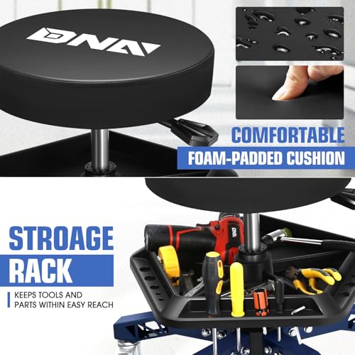 DNA Motoring Rolling Shop Stool, Adjustable Height Padded Rolling Seat, Pneumatic Roller Mechanic Stool for Garages, w/Tool Storage Tray, 300lbs Capacity, TOOLS-00636-BK-BL - style: Blue Tray Model