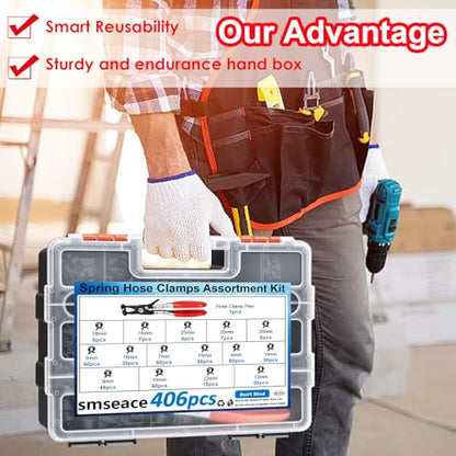 smseace 406Pcs 6-25mm Spring Band Hose Clamps With Plier 13-sizes Constant Tension Hose Clamp used for Fuel Line，Vacuum Hose，Air Hose - size: 6-25mm 406pcs
