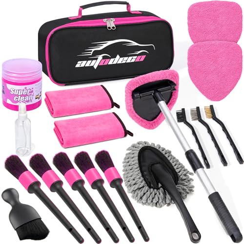 Windshield Cleaner Tool, 17Pcs Car Interior Detailing Kit, Detailing Brush, Towels, Duster, Car Cleaning Kit Interior for RVs, Truck, Trailer (Pink) - color: Pink