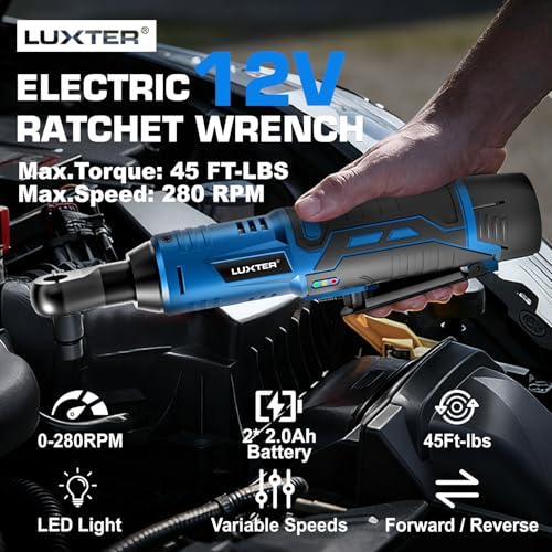 LUXTER Cordless Electric Ratchet Wrench Set, 3/8", 45Ft-lbs High Torque, 12V Compact Power Ratchet, with 2 Packs 2000mAh Lithium-Ion Battery, 10 Sockets & Extension Bar, Variable Speed Trigger