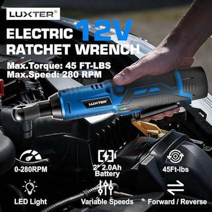 LUXTER Cordless Electric Ratchet Wrench Set, 3/8", 45Ft-lbs High Torque, 12V Compact Power Ratchet, with 2 Packs 2000mAh Lithium-Ion Battery, 10 Sockets & Extension Bar, Variable Speed Trigger