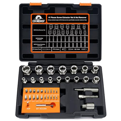 Coobeast 41Pcs Bolt Extractor Kit and Small Screw Extractor Set, Ez Out Bolt Extractor Tool with 5Pcs Compatible Adapter for Stripped Screw, Broken Nut and Damaged Bolt Remove - size: 41 PCS
