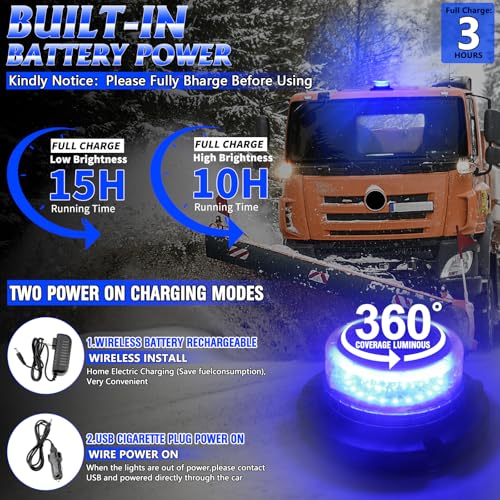 Remote Control Beacon Light, Rechargeable Wireless Blue Flashing Lights with Magnetic, High Low Brightness, 15 Modes Strobe Lights for Snowplow Tow Work Trucks Tractor - color: Blue