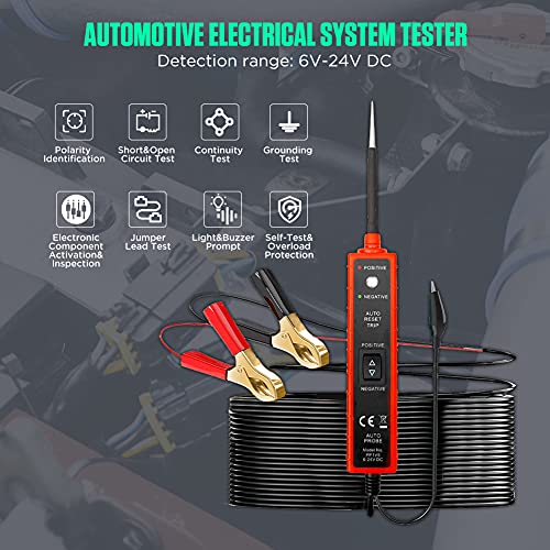 Power Circuit Probe Tester 6V-24V DC Test Light Automotive Circuit Tester 12V Auto Electrical Tester 12 Volt Component Activation, Polarity Identify, with LED Light, 13FT Cable, Overload Protection