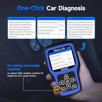 NEXAS NL101 OBD2 Scanner with Battery Tester for All US Vehicles Since 1996 | Check Engine Code Reader, Car Diagnostic Scanner with Live Data, Freeze Frame, I/M Readiness, Read and Clear Fault Codes - color: black
