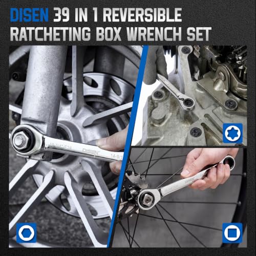 DISEN 39-in-1 Reversible Ratcheting Box Wrench Set Double Box End | E Torx E10-E24 & SAE 5/16"-3/4" & Metric 8-19mm With 4-in-1 Wrench CR-V Multifunctional Wrench Repair Tool Father's Gift