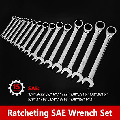 Egofine 15-piece SAE Ratcheting Wrench Set, SAE 1/4" to 1" Chrome Vanadium Steel, 12-Point, 72-Teeth Open End and Box End Combination Tool with a Roll Up Storage Bag - size: SAE-15 piece set