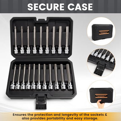 Mulwark 20PC 3/8" Drive Extra Long Allen Hex Bit Socket Set - Long Allen Socket Set contain Metric Allen Sockets 3mm - 12mm | SAE Hex Sockets 1/8'' - 7/16'' with Storage Case for Repair and Assembly - style: 20PC Allen Bit Socket Set