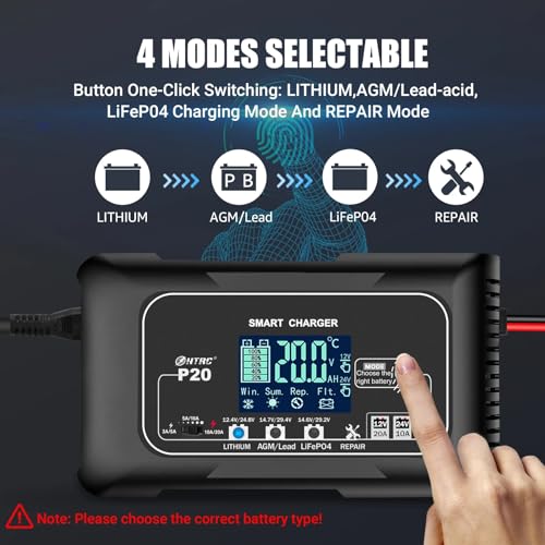 20 Amp Lithium Battery Charger 12V 24V LiFePO4 Battery Charger, Trickle Charger for Car Battery Motorcycle Lawn Mower Marine Boat, Battery Maintainer for Lead Acid (AGM/Gel/SLA...)