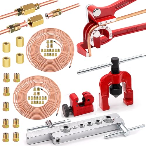 Tnisesm 3/16 Inch+1/4 Inch Brake Line Flaring Tools kit Include Copper-Plated Brake Lines with Upgrade 44Pcs Fitting Brake line Bender Single Flare Tool,Cutter 3/16Inch Brake line kit - style: 3/16 + 1/4 Brake Line Kit with Tube Bender