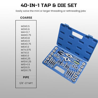 Anfrere 40pcs Metric Tap and Die Set, Metric Standard Rethreading Tool Kit, Coarse and Fine Threads for Cutting External and Internal Threads, Essential Repair Tool Kit with Thread Wrench - size: 40pcs Metric