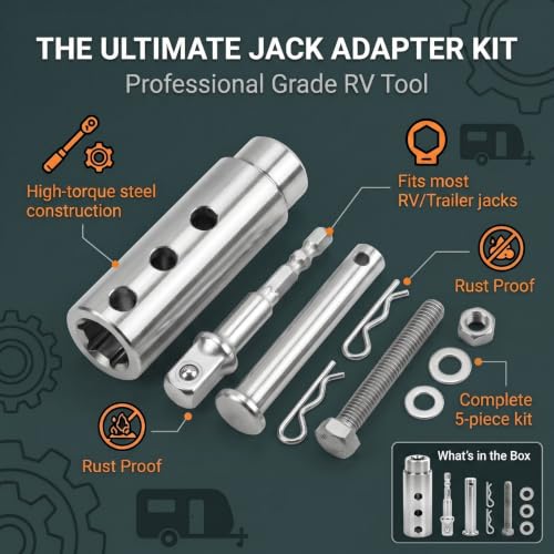 Trailer Jack Drill Adapter, Stainless Steel 1 Inch Drive Shaft Adapter for Electric Drill, Heavy Duty Jack Adapter Tool & 1/2 Inch Socket Bit for RV, Construction, Dump Trailers