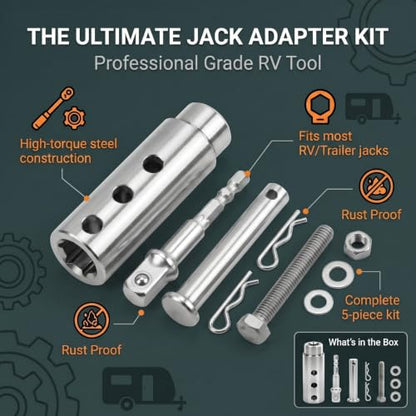 Trailer Jack Drill Adapter, Stainless Steel 1 Inch Drive Shaft Adapter for Electric Drill, Heavy Duty Jack Adapter Tool & 1/2 Inch Socket Bit for RV, Construction, Dump Trailers