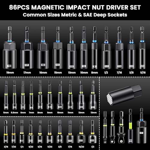 86-Piece Magnetic Impact Nut Driver Set, Deep Impact Sockets & S2 Bits, Chrome Vanadium Steel, Full Metric & SAE Range for Impact Drivers & Drills