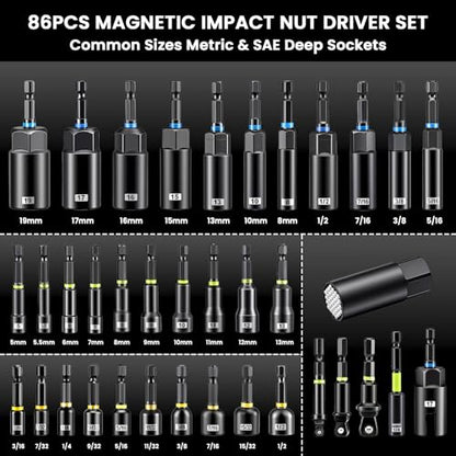 86-Piece Magnetic Impact Nut Driver Set, Deep Impact Sockets & S2 Bits, Chrome Vanadium Steel, Full Metric & SAE Range for Impact Drivers & Drills