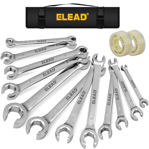 ELEAD 14-Piece Flare Nut Wrench Set with PTFE Tape, Metric & SAE 1/4"-7/8"& 6-21mm, Brake Line Wrench Set Double Open End with Organizer Pouch for Repairing and Removing Nuts - color: Silver