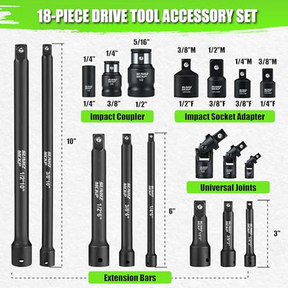 18-Piece Impact Socket Extension Set - 1/4" 3/8" 1/2" Drive Socket Extension Bars, Includes Ratchet Extension Set, Socket Adapter Set, Swivel Universal Joints & Impact Coupler, CR-V Steel - size: 18-Piece Socket Extension Set