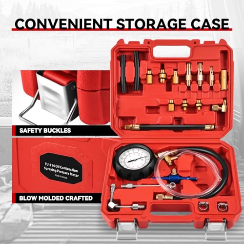 Auto Dynasty Automotive Fuel Pressure Tester Kit Oil Combustion Spray Pressure Gauge Set Compatible with Trucks, Cars and Motorcycles, Red