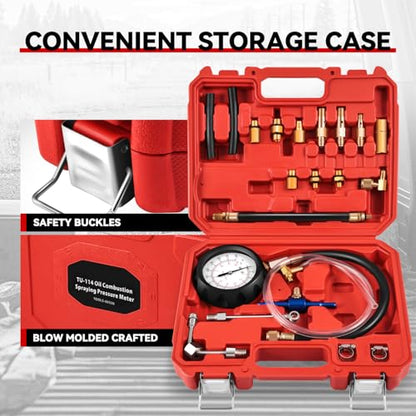 Auto Dynasty Automotive Fuel Pressure Tester Kit Oil Combustion Spray Pressure Gauge Set Compatible with Trucks, Cars and Motorcycles, Red