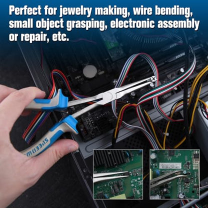 SPEEDWOX Long Reach Bent & Needle Nose Pliers with Smooth & Serrate Jaw | Needle Nose Pliers with Smooth Jaw & Bent Needle Nose Pliers With Serrated Jaw & Wire Cutter, Extra Long, Jewelry Making - style: 2PCS Needle Nose Pliers