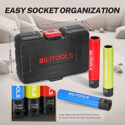 BILITOOLS Extra Long Impact Socket Set, 1/2" 17/19/21mm Lug Nut Socket Set | 3PCS Socket Set CR-MO steel, 6" Length, 6-Point Flank Drive, Color-Coded, Scratch-Proof Sleeve, fits Impact Wrenches - size: 17 19 21 mm