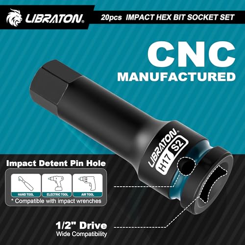LIBRATON Impact Hex Bit Socket Set, 1/2" Dr, S2 Steel, Metric & SAE 20PCS (H5-H19 & 1/4"-3/4") High Torque Sockets for Professional Mechanics & Automotive Repair (XPE Storage Cases) - style: Metric & SAE
