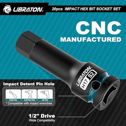 LIBRATON Impact Hex Bit Socket Set, 1/2" Dr, S2 Steel, Metric & SAE 20PCS (H5-H19 & 1/4"-3/4") High Torque Sockets for Professional Mechanics & Automotive Repair (XPE Storage Cases) - style: Metric & SAE