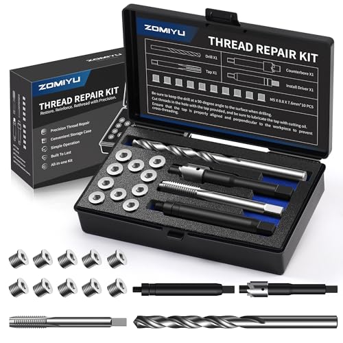 M5x0.8 Metric Thread Repair Kit, One-Piece Inserts (10PCS,7.6mm) | 304 stainless steel inserts resist corrosion; HSS drill/tap, counterbore and driver repair worn or stripped internal threads - size: M5 X 0.8