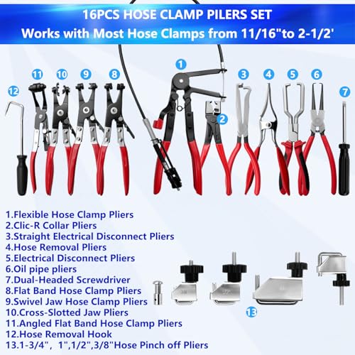 ZKTOOL 16PCS Hose Clamp Pliers Set, Professional Removal & Installation Tool Kit with Long Reach Flexible Wire & Electrical Disconnect Pliers for Fuel, Oil, Coolant Radiator, Heater and Water Hoses