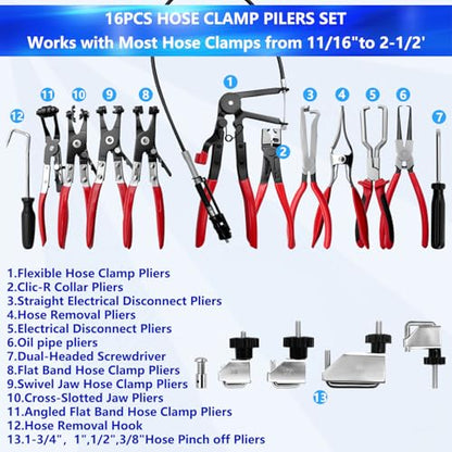 ZKTOOL 16PCS Hose Clamp Pliers Set, Professional Removal & Installation Tool Kit with Long Reach Flexible Wire & Electrical Disconnect Pliers for Fuel, Oil, Coolant Radiator, Heater and Water Hoses