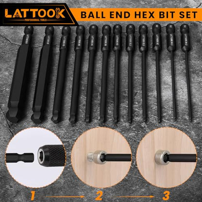 Ball End Hex Head Allen Wrench Drill Bit Set with Ratcheting T Handle Bit Driver, LATTOOK 22PCS Metric & SAE Ball End Hex Allen Key Bit Set, S2 Steel, 4'' Long - style: 22PCS Ball Hex Bits+T Handle