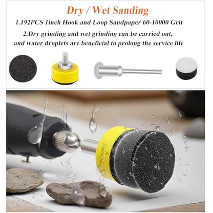 193pcs 1Inch Wet Dry Sanding Discs for Dremel Tool Accessories,60-10000 Grit Hook and Loop Sandpaper for Dremel Polishing Kit,Used for Resin/Rock/Making Jewelry Polishing - size: 1 inch