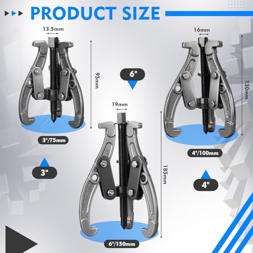 Gear Puller Set, 3" 4" 6" 3 Jaw Puller Kit Forged Pulley with Reversible Jaws Bearing Removal Tool Kit