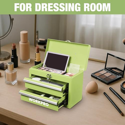 WORKPRO Portable Mini Tool Box, 2 Drawers Metal Tool Chest with Ball Bearing Slides, Top Storagewith Latch, Ergonomic Carrying Handle, Mechanic Toolbox with PVC Liners and PP Feet Pads - color: Macaron Green