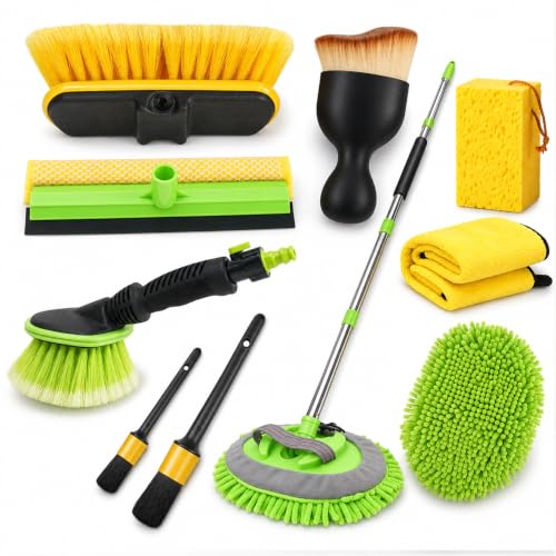 Car Detailing Kit Exterior, Car Wash Brush Kit with Long Handle 10pcs Set, Car Windshield Cleaner, Professional Car Care kits, Car Detailing Brush Set, Car Cleaning Drill Brush Kit with Extension Pole