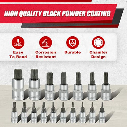 EACELIY 64PCS 1/4,3/8&1/2” Master Torx Bit Socket Set and External Torx Socket Set,E4-E24,T6-T70,TT6-TT70,TP8-TP60,Adapters,S2 and Cr-V Steel - size: 64PCS