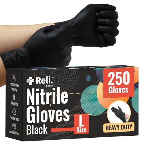 Reli. Black Nitrile Gloves, Large (250 Pack) | Heavy Duty Disposable Gloves | Powder Free, Latex Free, Food Safe | Single-Use | Premium Nitrile Rubber Material for Mechanic, Cleaning, Cooking