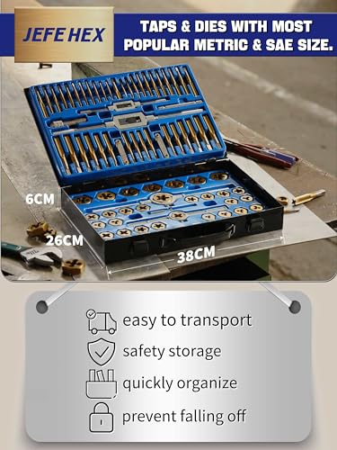 JEFE HEX 86pcs SAE & Metric Tap and Die Set for Coarse and Fine Threads, Creating or Repairing Internal Threads and External Threads with Storage Case - size: 86PCS