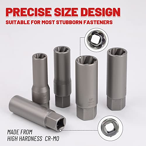 5-Pcs Spiral Deep Bolt Extractor Set, Stripped Bolt Remover Lug Nut Extractor Set, Stripped Lug Nut Remover for Broken Damaged Rounded-Off Bolts, Nuts, Bolts, Studs, Threaded Tubes - size: 5Pcs