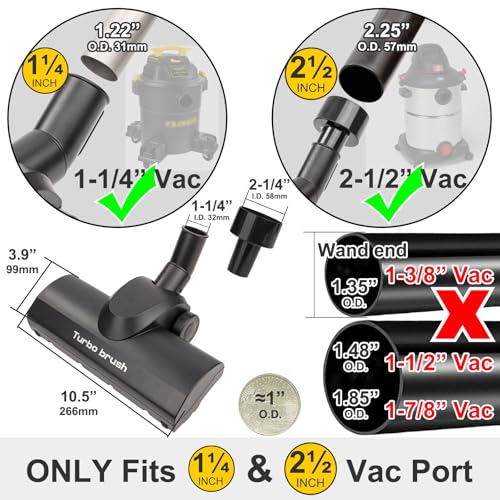 Turbo Brush Head Shop Vac Accessory 1.25" with 2.5" Hose Adapter, 1-1/4" 2-1/2" Shopvac Attachment for Wet Dry Vacuums, Ideal for Pet Hair Removal on Carpets Area Rugs Hardfloors - style: Turbo Brush
