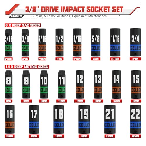 50 Piece 3/8" Drive Impact Socket Set, SAE (5/16''-3/4'') and Metric (8-22mm) Socket Kit, Extension bar & Adapter, 6 Point, Automotive Repair, Equipment Maintenance - size: 3/8 Inch Metric/SAE