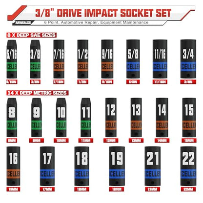 50 Piece 3/8" Drive Impact Socket Set, SAE (5/16''-3/4'') and Metric (8-22mm) Socket Kit, Extension bar & Adapter, 6 Point, Automotive Repair, Equipment Maintenance - size: 3/8 Inch Metric/SAE