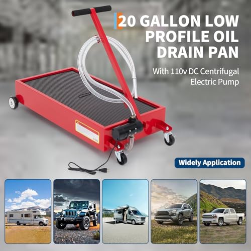 Oil Drain Pan 20 Gallon Oil Drain Tank,76L Low Profile Oil Drain Pan,Oil Catch Pans for Changing Oil,Foldable Hand, with 110V Electric Pump,Hose, Swivel Casters for Car, SUV, Trucks Oil Draining