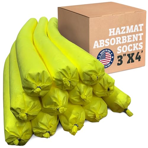 Hazmat Universal Absorbent Socks- 3"x4' (12 Pack) 1 Gallon per Sock- Yellow Oil Absorbent Sock, Water Socks, Flood Barriers for Home, Garage Flood Barrier Spill Containment - size: 3"x4' (12 Pack)