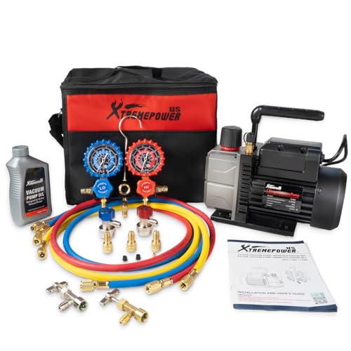 XtremepowerUS HVAC Vacuum Pump Manifold HVAC R134a, R12, R22, R410a, A/C Refrigeration R134, R134 Quick Connector AC Manifold Gauge Air Conditioner Oil Bottle w/Bag (4.5CFM) - size: 4.5CFM