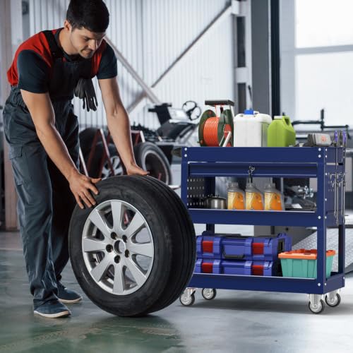 3 Tier Rolling Cart, Heavy Duty Utility Industrial Service Carts on Wheels, Metal Tool Cart with Locked Drawers, Ideal for Garage, Warehouse and Repair Shop（Blue） - color: Blue