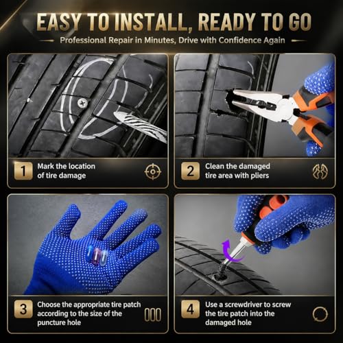 100PCS tire Repair Rubber Nail kit,Fix Without Tire Removal,Three Sizes tire Screw Plugs Tread Repair for Car,Truck,Motorcycle,SUV,Includes Tools Portable Case.