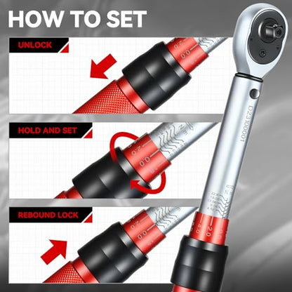 Auto Dynasty 1/4 Inch Dual-Scale Reversible Ratchet Wrench Set 20-200in.lb/2.26-22.6 n.m with Quick Release and Accurate Torque Control - Perfect for Cars, Bikes, and Machinery Maintenance - size: 1/4 Inch-200in.lb